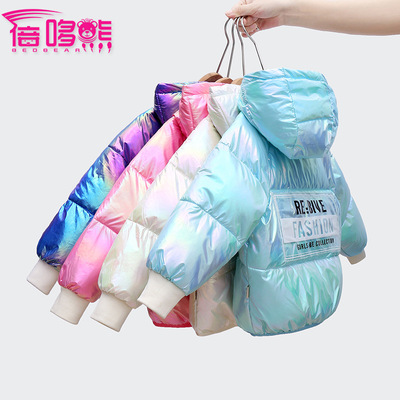 蓓哆熊冬季新款保暖加厚连帽外套男女童时尚炫彩贴标中小童羽绒服