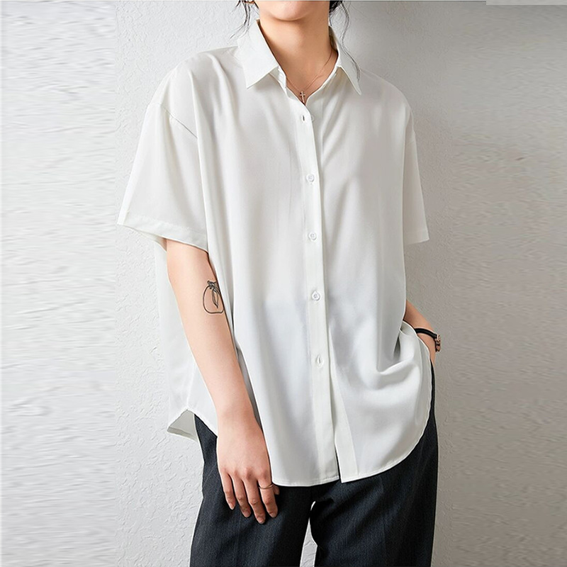 夏装新款缎面短袖衬衫女纯色chic港味气质绸缎宽松开衫仿真丝上衣