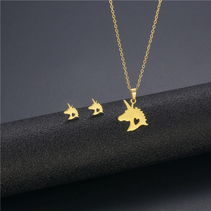 stainless steel unicorn earrings necklace set animal necklace clavicle chain