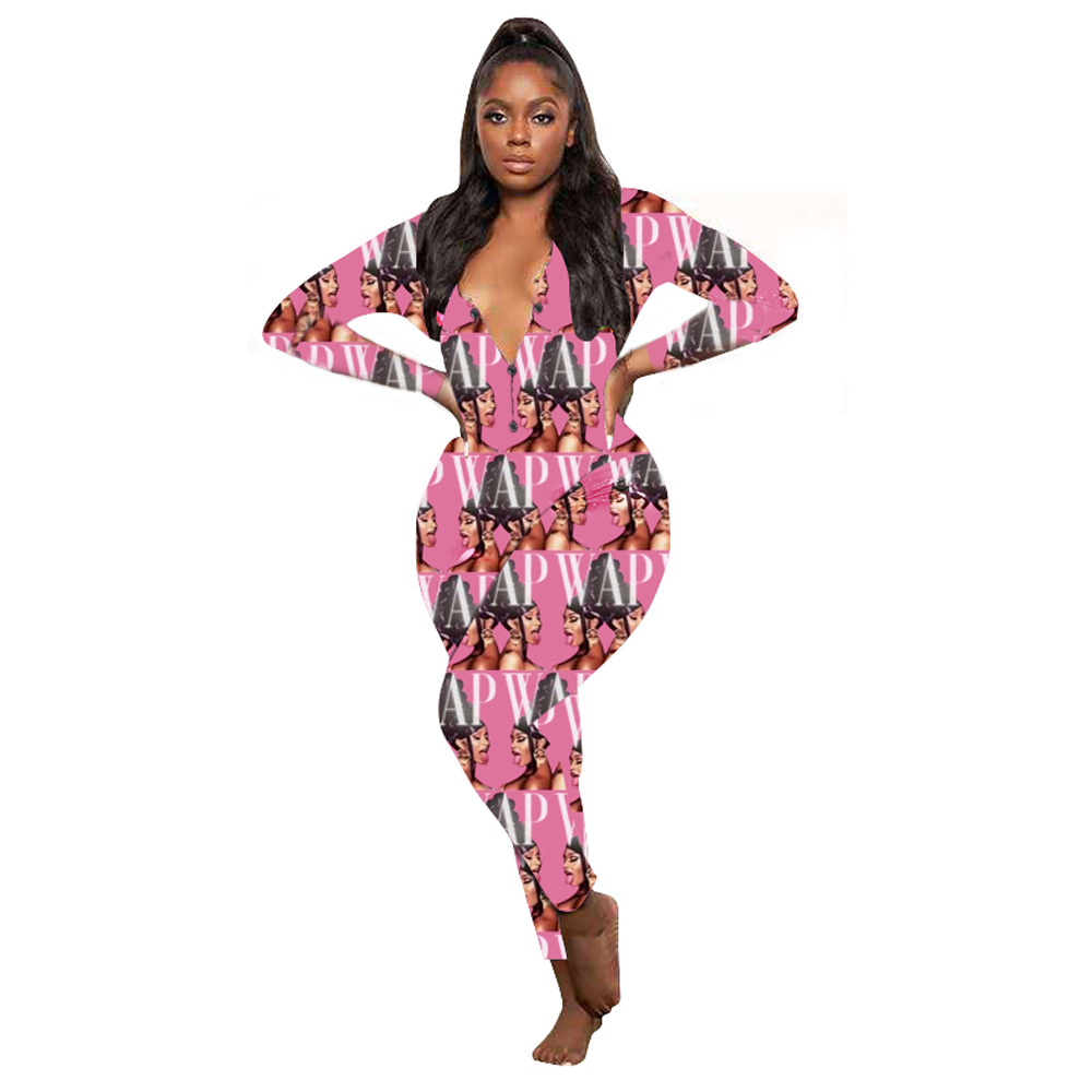 European And American Women'S Casual Pattern Printed Long Sleeve Pants Home Jumpsuit