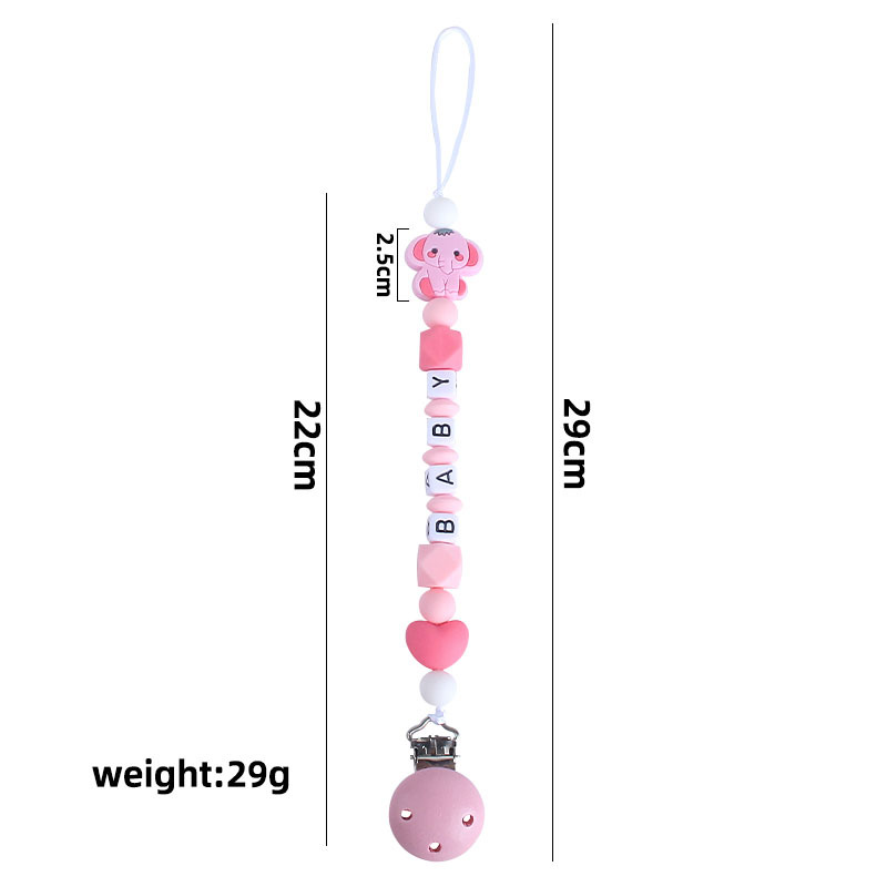 Personalizable bebé chupete clip de plástico bebé calmante cuentas de silicona elefante mordedor molares Cadena de chupete cadena anti-caída