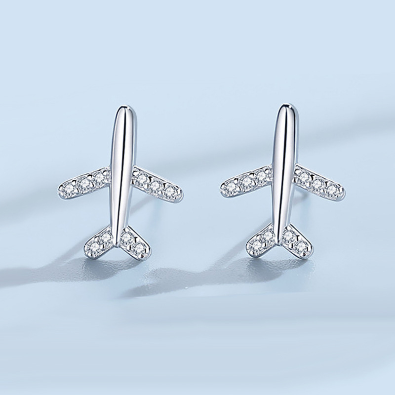 小飞机耳钉女镀925银ins小饰品日系可爱学生网红镶锆石飞