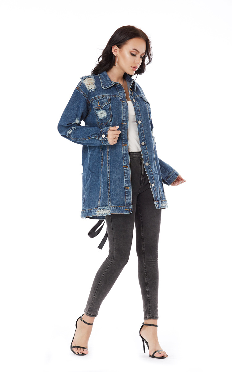 loose ripped long denim jacket   NSSY9498