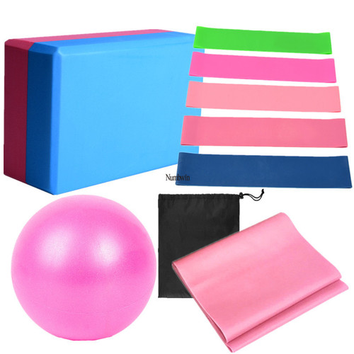 Nine-piece set of yoga bricks, two-color exercise bricks, latex butt abuse rings, 5-piece set, 25cm yoga balls, yoga elastic bands