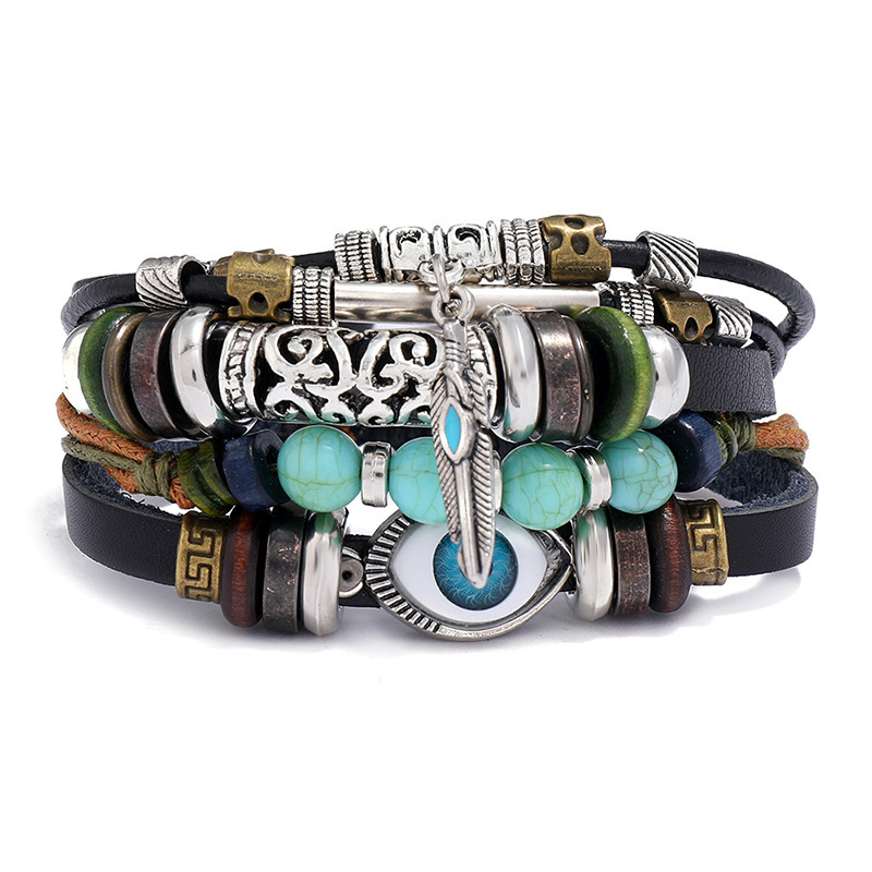 Cross-border hot selling jewelry European and American new multi-layer beaded blue eye cowhide bracelet adjustable trendy bracelet Cross-border hot selling jewelry European and American new multi-layer beaded blue eye cowhide bracelet adjustable trendy bracelet