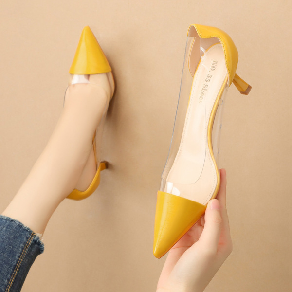 Korean fashion pointy transparent high heels thin and breathable sandals glass glue shallow mouth women’s shoes