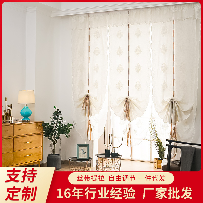 柯桥窗帘布成品免打孔纱帘客厅窗帘魔术贴欧式罗马帘双层窗帘批发
