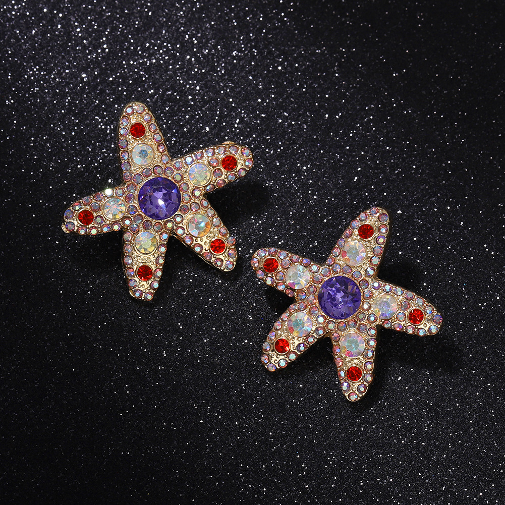Personalized Fashion Starfish Color Diamond Wild Earrings Super Flash Five-pointed Star Shape Cute Japanese And Korean Temperament Earrings Wholesale display picture 3
