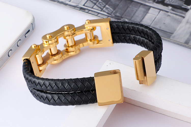 Simple Style Geometric Stainless Steel Pu Leather Plating 18K Gold Plated Men's Bracelets display picture 5