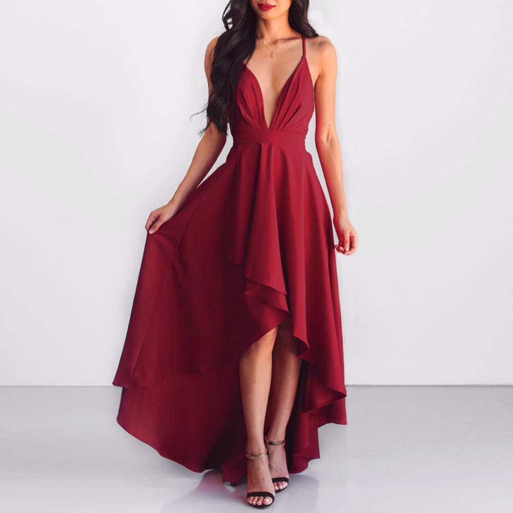 Sexy Backless V-neck Plus-size Party Dress With Straps And Large Hem_voghion.com