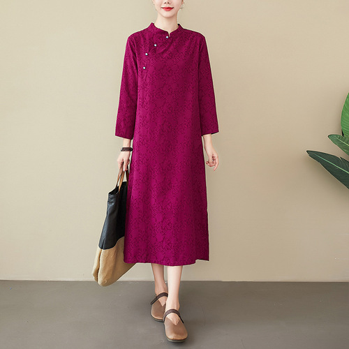 Women chinese qipao dresses Literary loose cotton linen jacquard stand collar long sleeve cheongsam dress women's mid-length