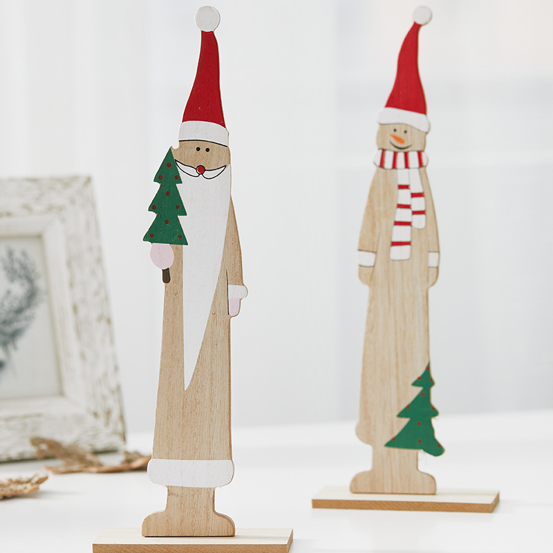 Papá Noel muñeco de nieve de madera pequeño árbol de Navidad decoraciones de hotel escritorio de recepción cafetería centro comercial artesanía pintada a mano