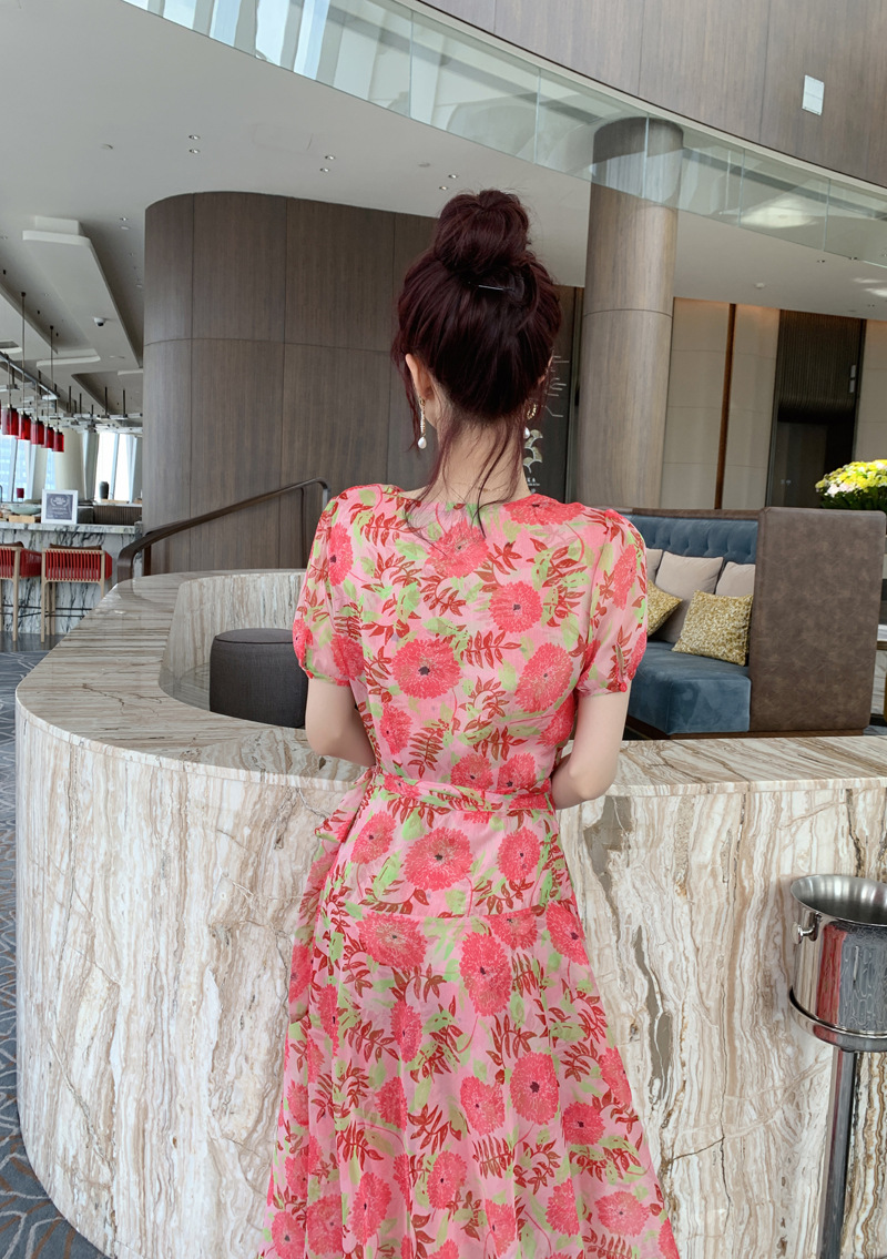 Đầm maxi nữ cổ V cao eo in họa tiết voan dài — Đỏ dưa hấu chi tiết 13