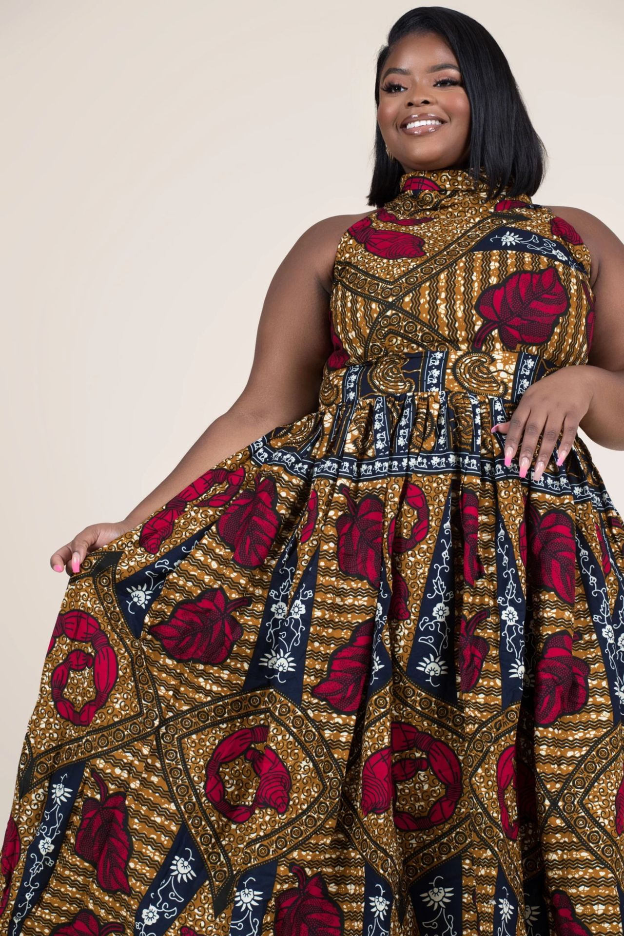 Vestido de cuello alto con cremallera y estampado digital estilo africano NSMDF71153