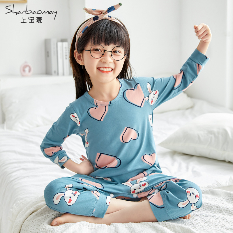 SHANGBAOMAI 봄 가을 신작 아동 원피스 잠옷, 여아 잠옷, 긴팔 원피스 잠옷, 가정복, 발길질 방지 및 감기 예방