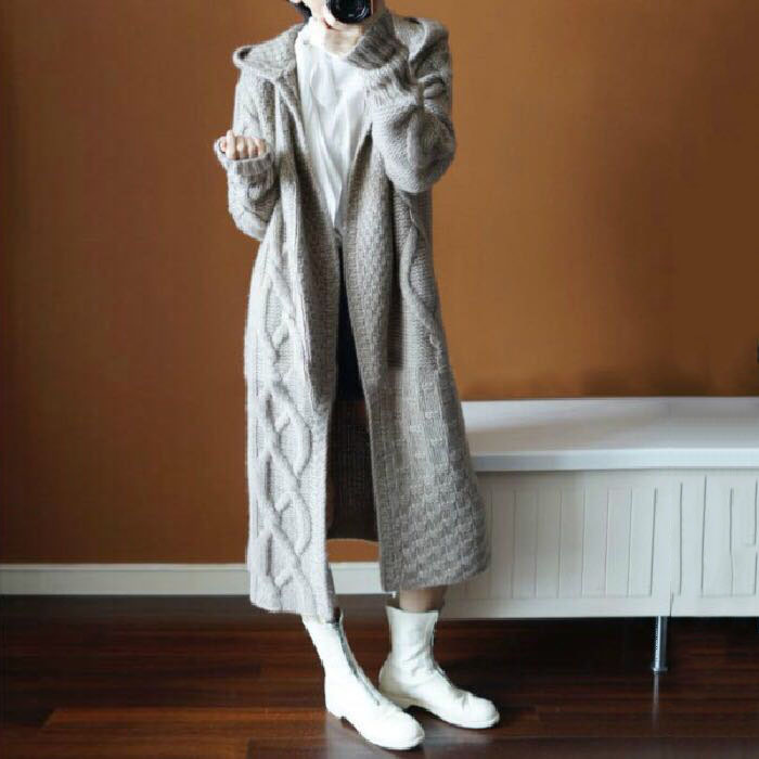 Transfronterizo 2023 estilo europeo y americano Otoño e Invierno de las mujeres con capucha gruesa de punto cardigan suelta más tamaño abrigo largo suéter para las mujeres