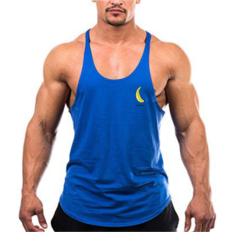 Nuevos hombres sexy de corte bajo correa de hombro delgada fruta impresa Chaleco de algodón plátano fitness chaleco deportivo de verano