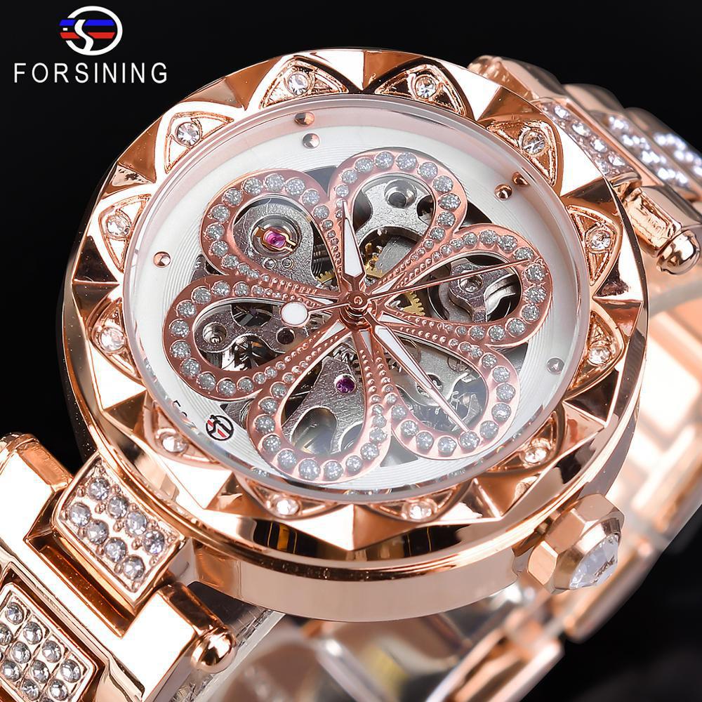 forsining Fusini European and American Women's Fashion Casual Rhinestone Hollow Mechanical Water Automatic Mechanical Watch