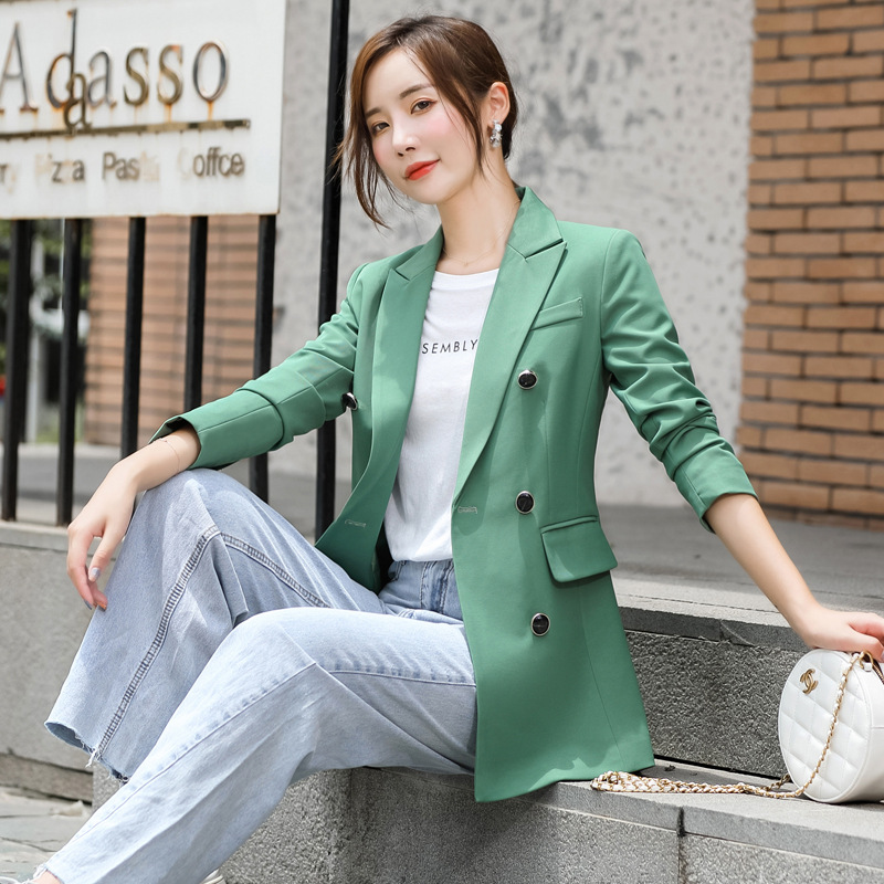 綠色炸街小西裝外套女韓版網紅英倫風設計感小衆氣質高端工作西服