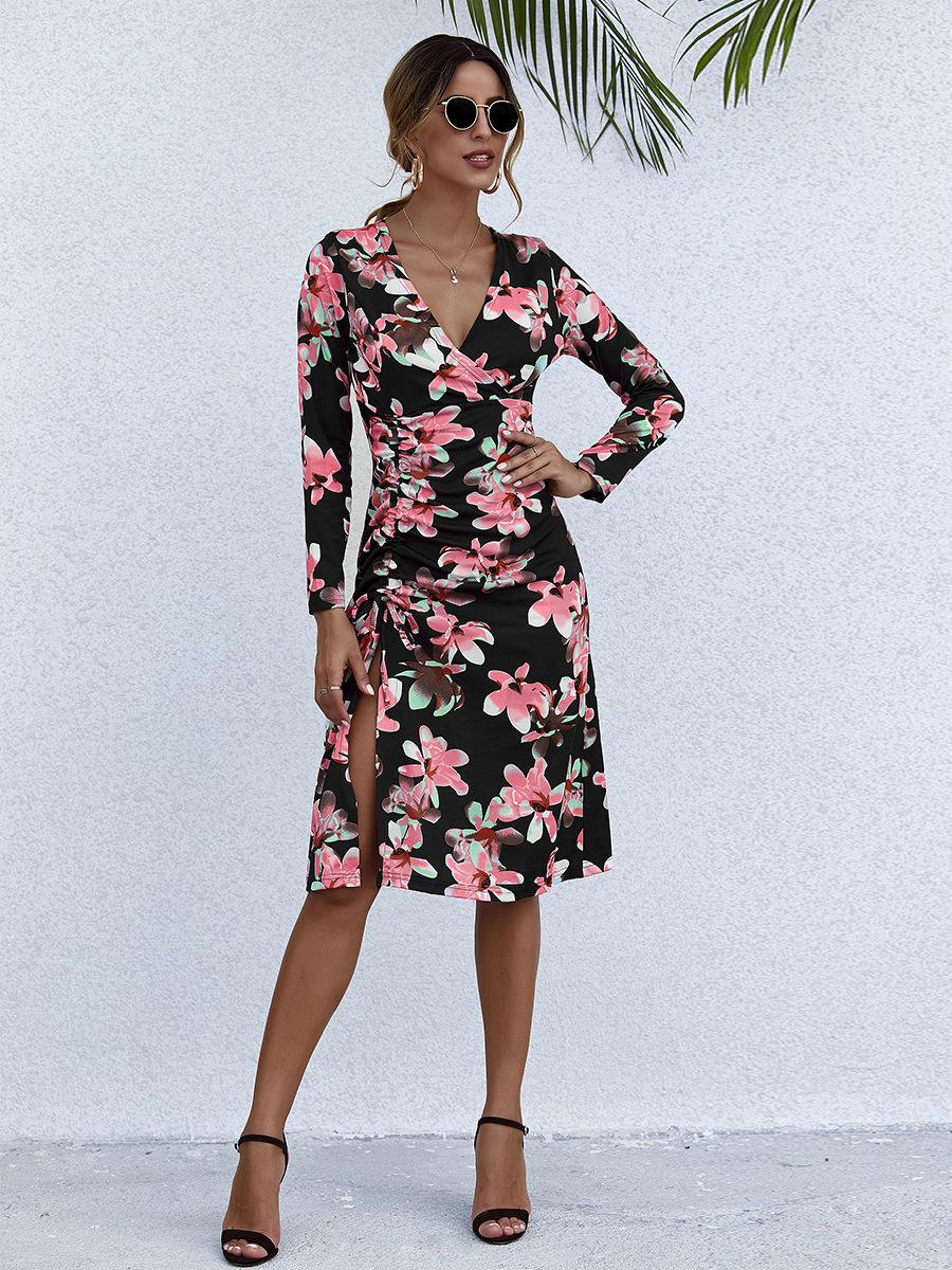 Temperament V-neck Printed Long Sleeve Dress NSAL2595