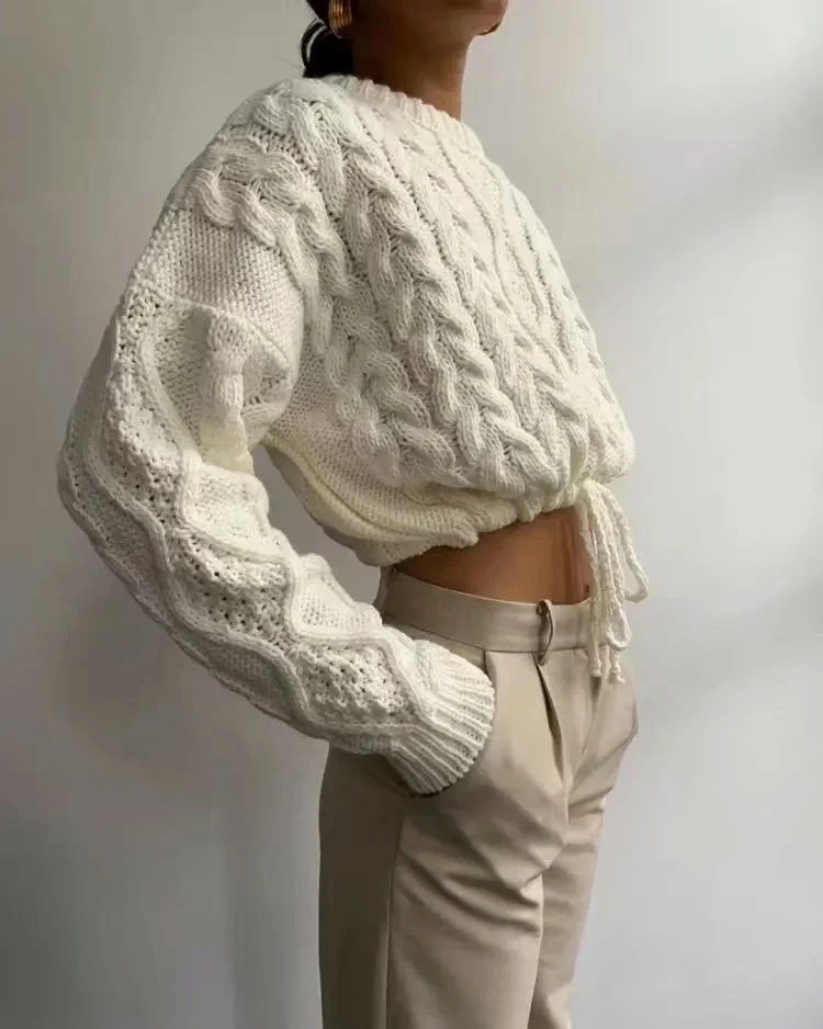 retro drawstring waist belt high-waist twist knitted sweater NSAC17594