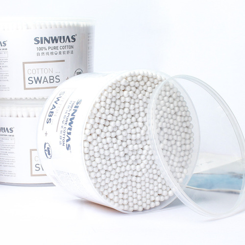 Large bucket of family pack of 500 cotton swabs, round box of disposable cotton swabs, double-ended ear-picking cotton swabs
