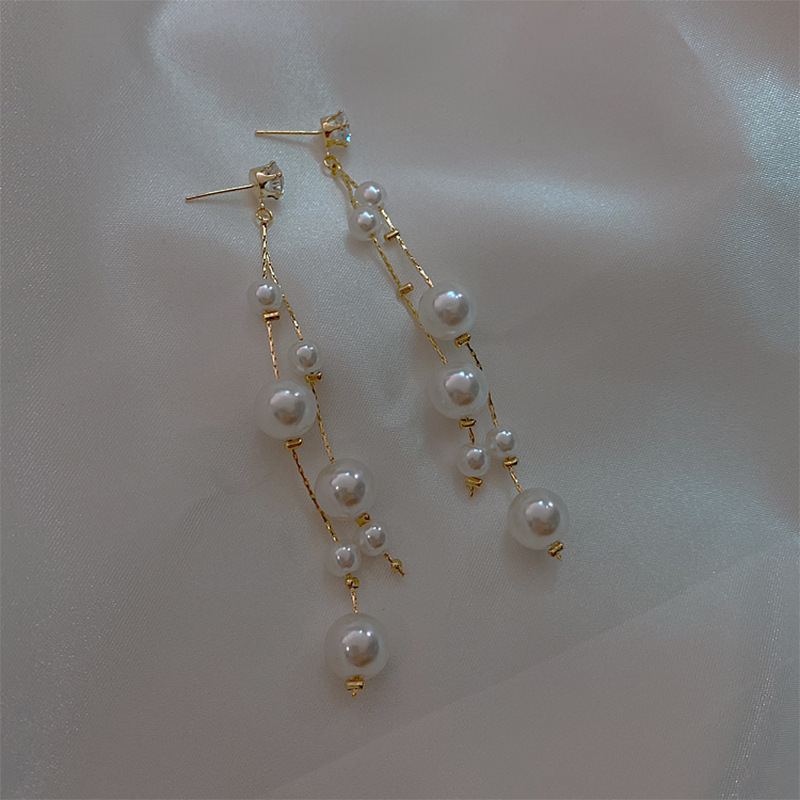 925 Silver Needle Pearl Tassel Earrings display picture 5