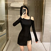 One shoulder slant collar tassel stitching slim fit wrap hip skirt short skirt long sleeve dress