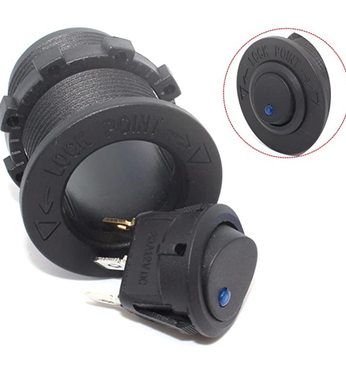 12V母座外壳有卡槽加猫眼小开关3P脚按钮开关LED红蓝绿橙白灯可选