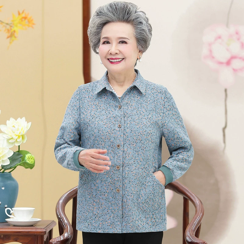 Осенняя женская рубашка с длинными рукавами для пожилых людей, хлопковый топ для пожилых людей, хлопковый цветочный кардиган, тонкое весенне-осеннее пальто