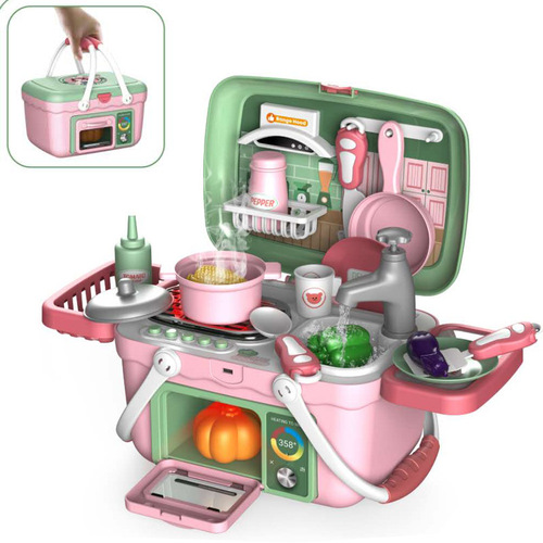 过家家儿童豪华灯光音乐仿真蒸汽出水喷雾厨房手提餐具台套装玩具