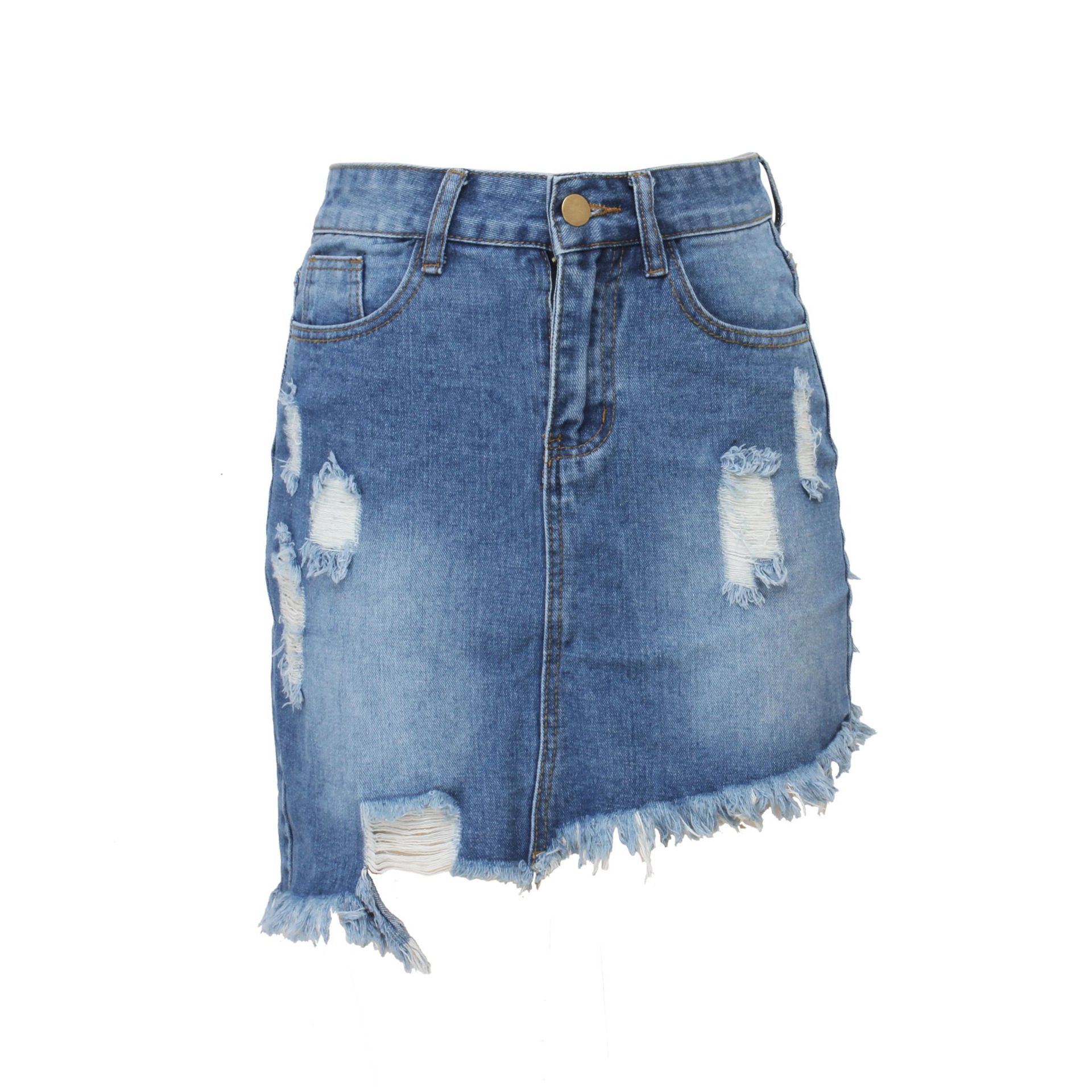 Hand-Frayed High Waist Irregular Denim Skirt NSSF68450