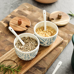 Foreign trade embossed ceramic seasoning jar European style home kitchen wooden creative three-piece set with spoon combination seasoning box