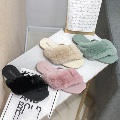 2020秋冬新款欧美风潮流交叉带毛毛拖鞋女slippers舒适保暖韩版