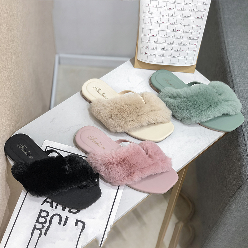 2020秋冬新款欧美风潮流交叉带毛毛拖鞋女slippers舒适保暖韩版
