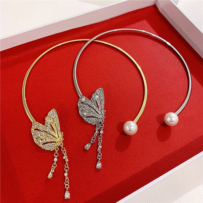 Butterfly Tassel Open Choker Collar Necklace Asymmetric Full Diamond Tassel Earrings display picture 2