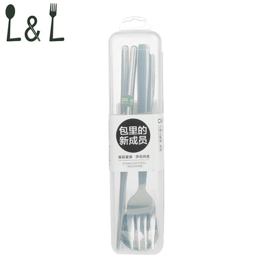 翎林挂式透明盒勺叉筷三件套家用学生用不锈钢便捷式勺叉筷套装|ms