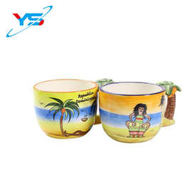 外贸出口3d手绘陶瓷立体椰树杯人工手绘釉下彩海洋系列马克杯陶瓷