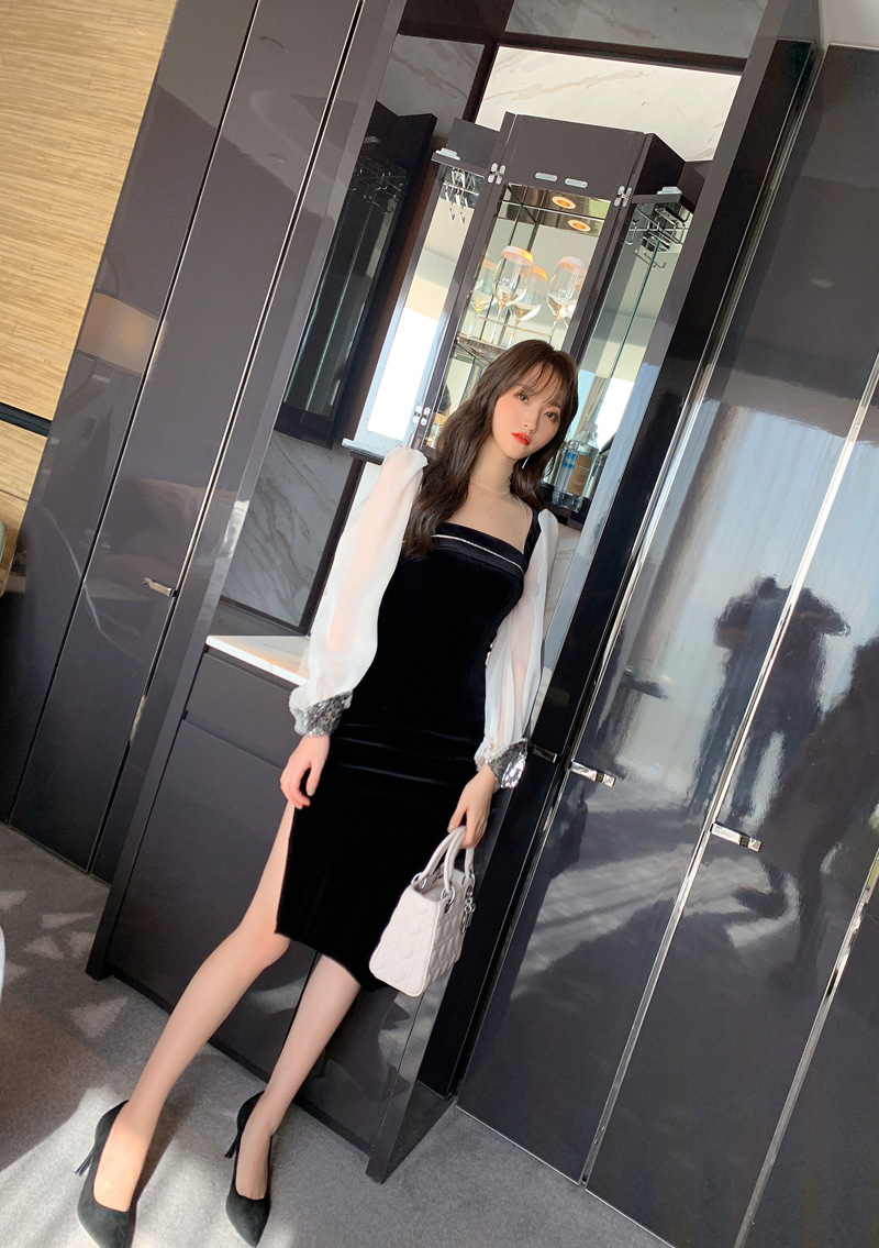 Váy nhung nữ cổ vuông ôm body xẻ tà phong cách Hepburn — Màu đen chi tiết 24