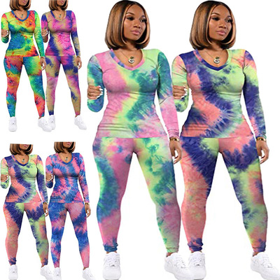 2020秋冬新款亚马逊wish跨境外贸欧美印花休闲女家居服长袖套装女