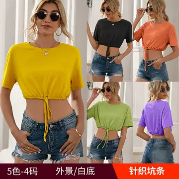 Spring And Summer Open Navel Tether Super Short Sexy Round Neck T-Shirt Short Sleeve Casual Top - ShopShipShake
