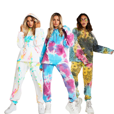 Amazon Independent Europe and America Women's wear Hooded Sweater suit tie-dyed Athletic Wear Two piece set North America