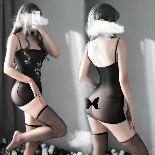 Internet celebrities shoot sexy silk clothes, seductive stockings, printed butterfly electrocardiogram, see-through hip-covering silk clothes