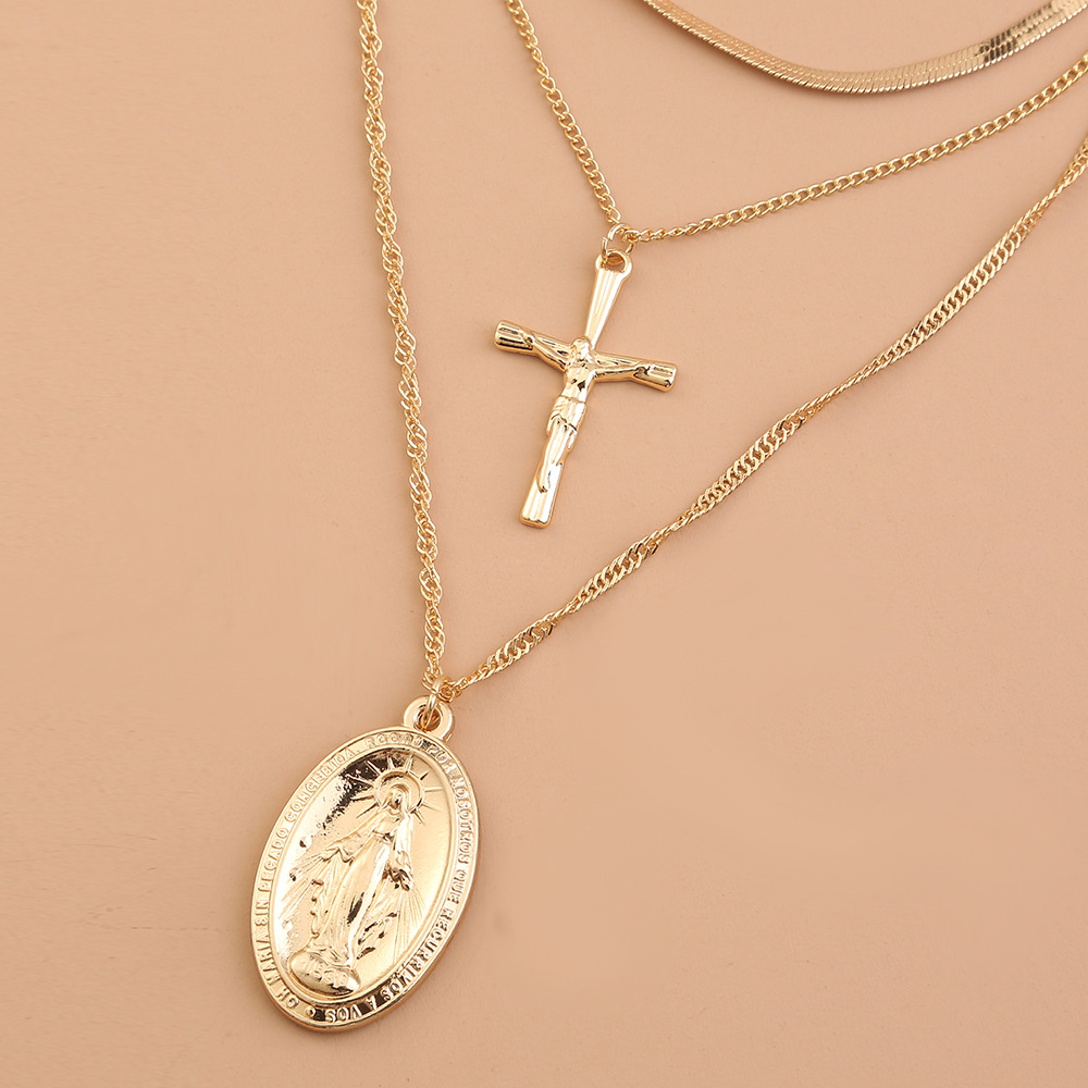 Stacked Cross Round Card Sun Goddess Lucky Multi-layer Alloy Necklace display picture 4
