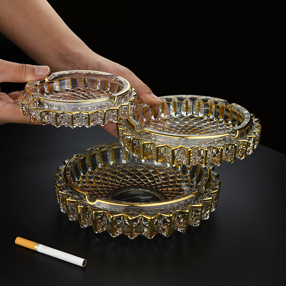 复古描金轻奢水晶玻璃烟灰缸 办公室酒店烟碟 创意茶几装饰品摆件