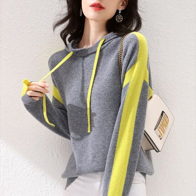 2020秋新款連帽羊絨衫女休閑寬松慵懶衛衣羊毛衫短款拼色毛衣外套