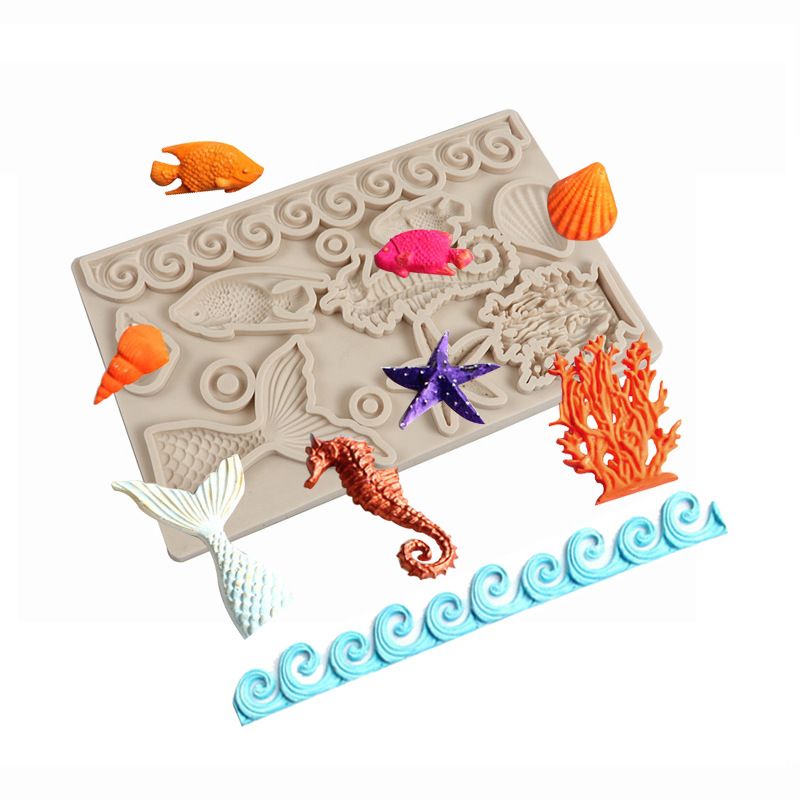 Cristal epoxi molde concha marina mar fondant cake molde algas peces de mar Starfish herramienta para hornear