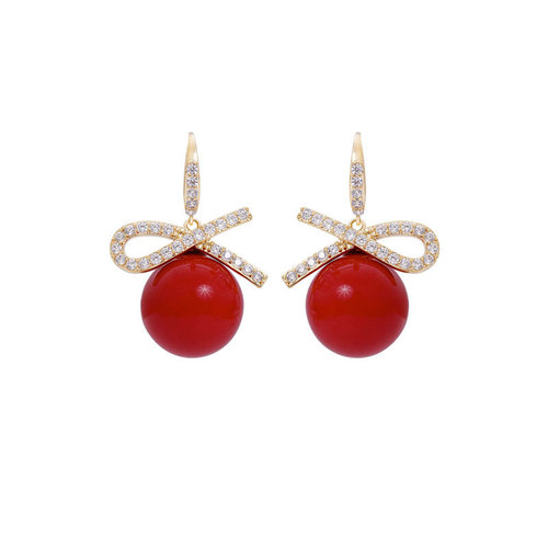 Korean new ear hook short symmetrical bow pearl earrings personality simple temperament small internet celebrity earrings for women