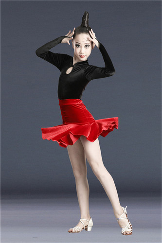 Children girls black red violet velvet Latin dance dresses stage performance latin ballroom long-sleeved exercise clothes competition latin dance costumes for girl