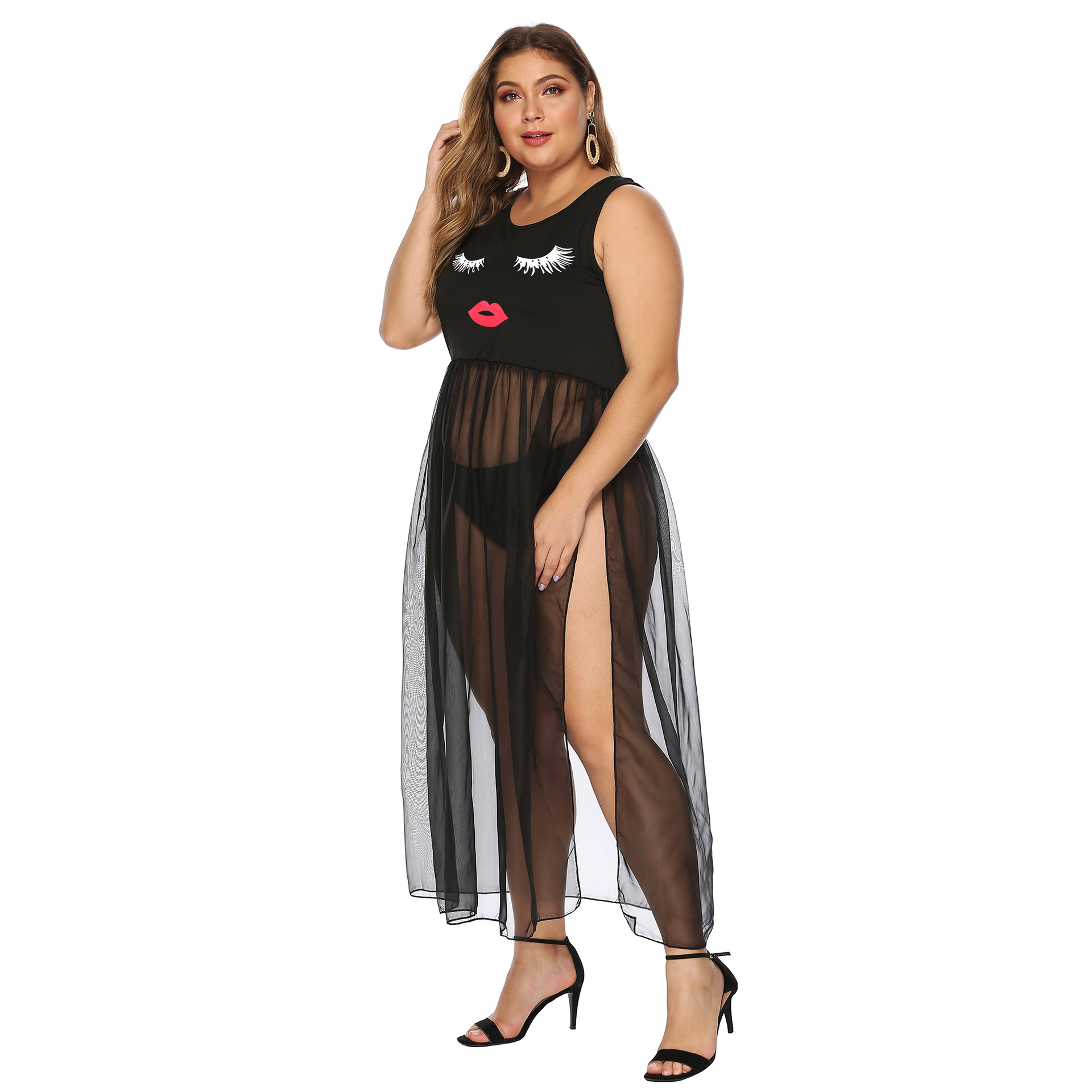 plus size printed irregular mesh stitching dress  NSOY26866